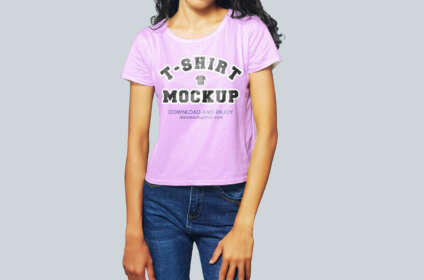 Free Front View Girl T-Shirt Mockup PSD