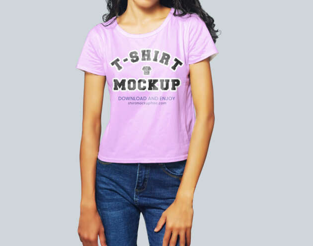 Free Front View Girl T-Shirt Mockup PSD