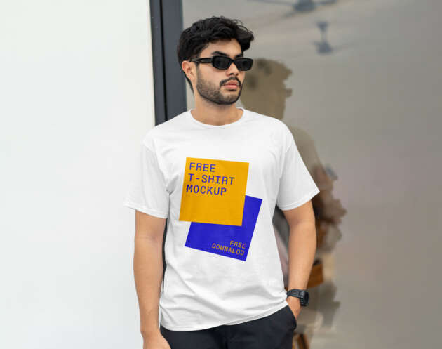 Free T-shirt Mockup Man Glasses PSD