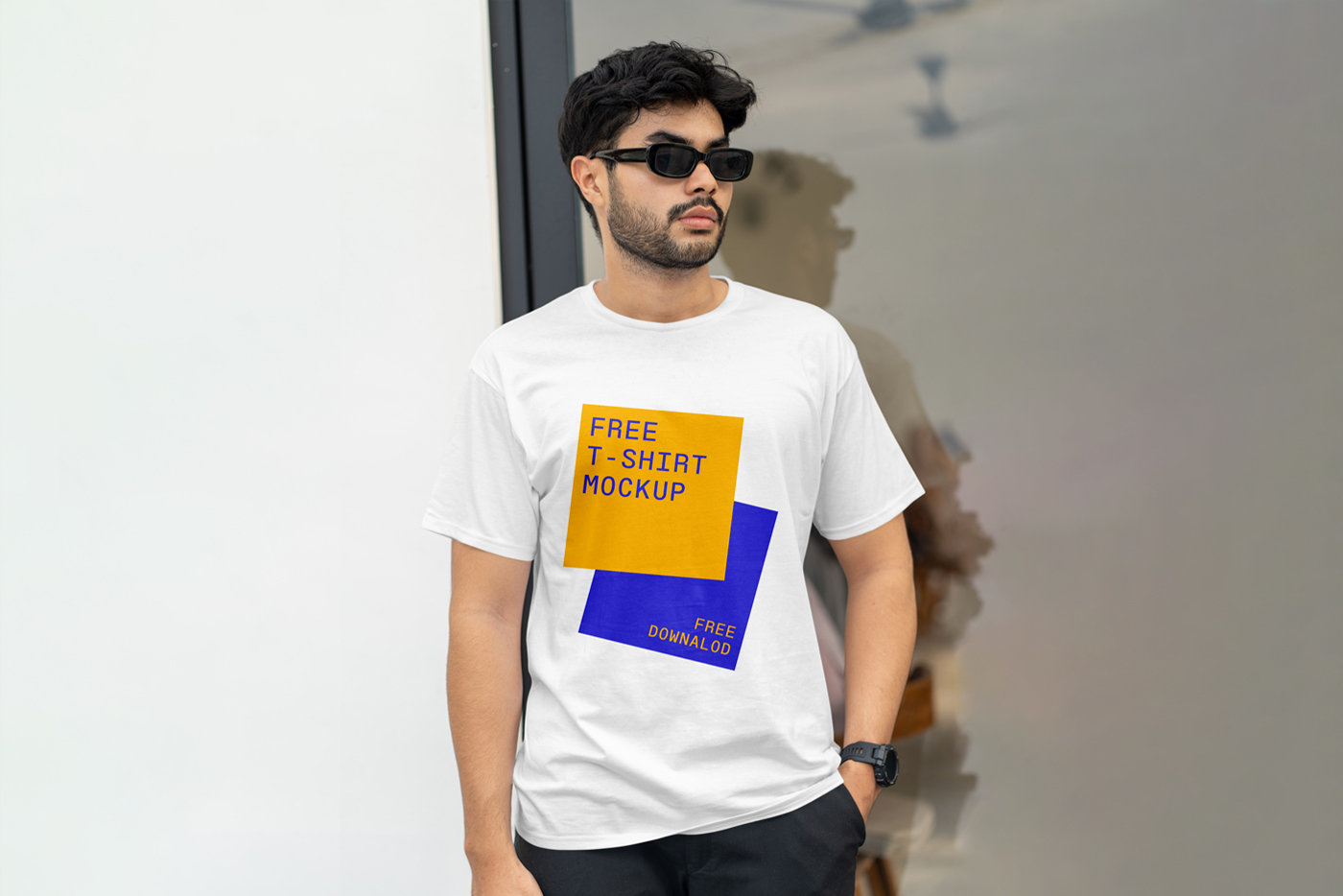 Free T-shirt Mockup Man Glasses PSD